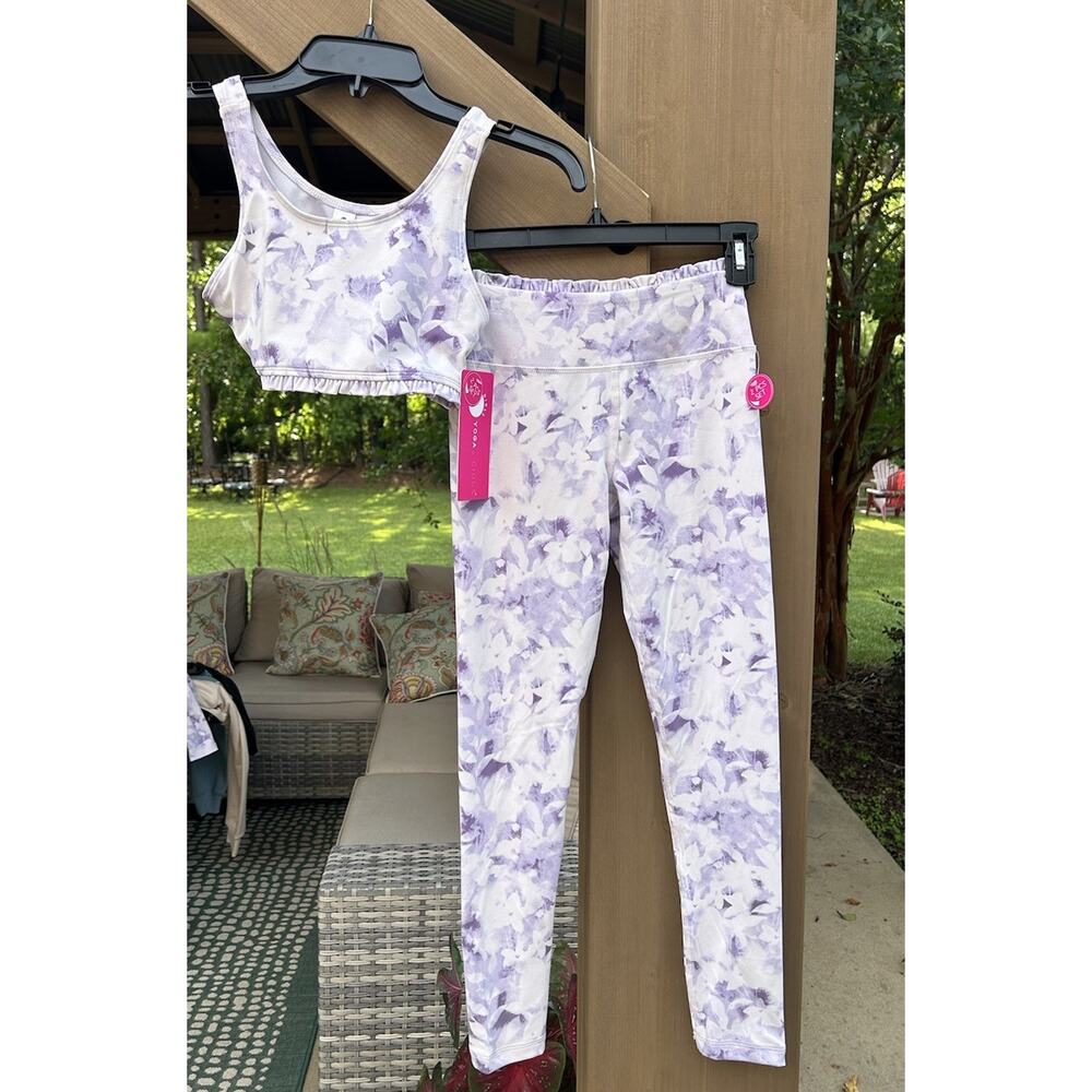 NWT Yogalicious Purple and White Floral Activewear Set Girls Size Medium (10)